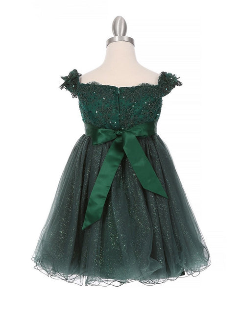 Big Girls Hunter Green Floral Sequin Off Shoulder Junior Bridesmaid Dress 8-12 - SophiasStyle.com